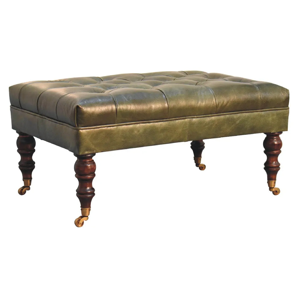 Buffalo Green Leather Ottoman With Castor Legs - Avivra