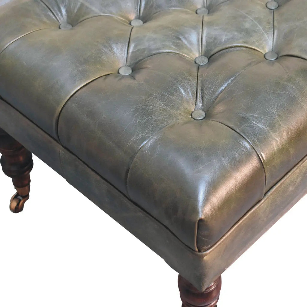 Buffalo Green Leather Ottoman With Castor Legs - Avivra