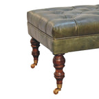 Buffalo Green Leather Ottoman With Castor Legs - Avivra