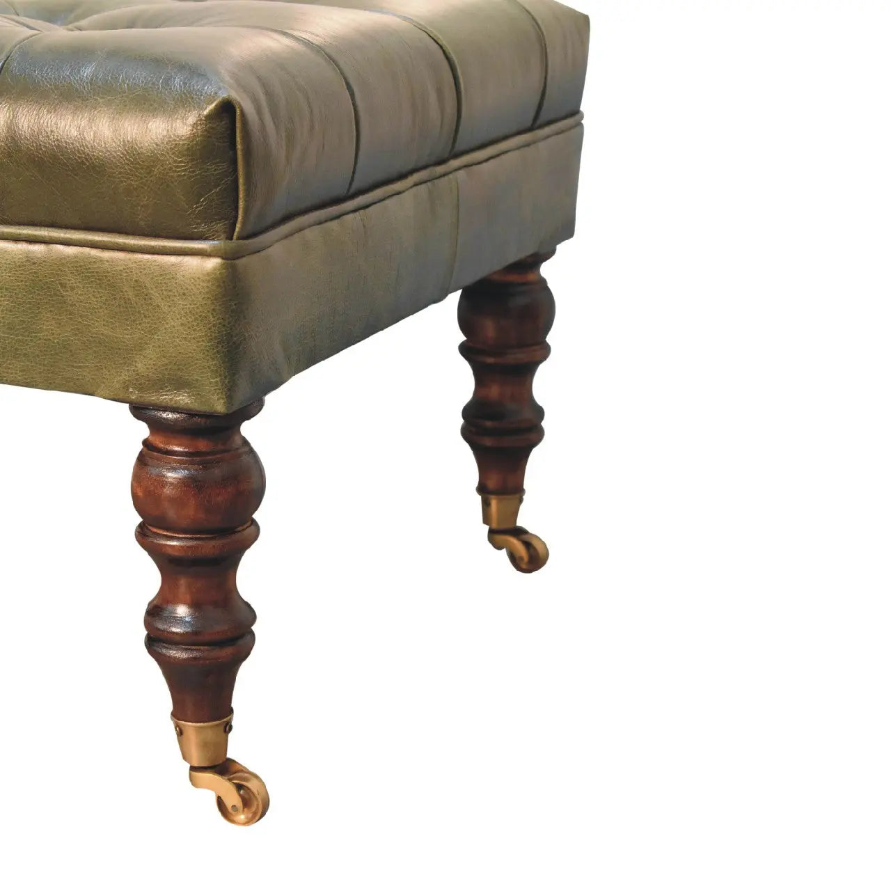Buffalo Green Leather Ottoman With Castor Legs - Avivra