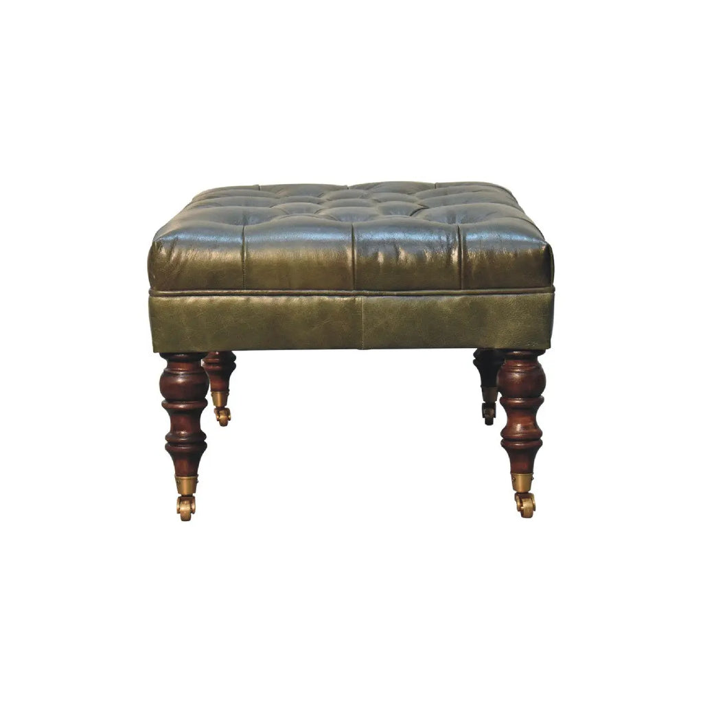 Buffalo Green Leather Ottoman With Castor Legs - Avivra