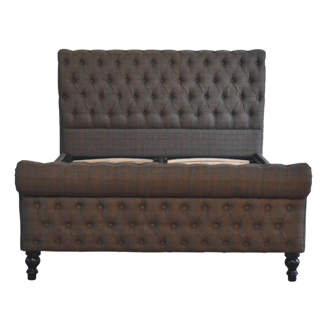 multi tweed roll top upholstered bed with button tufted headboard