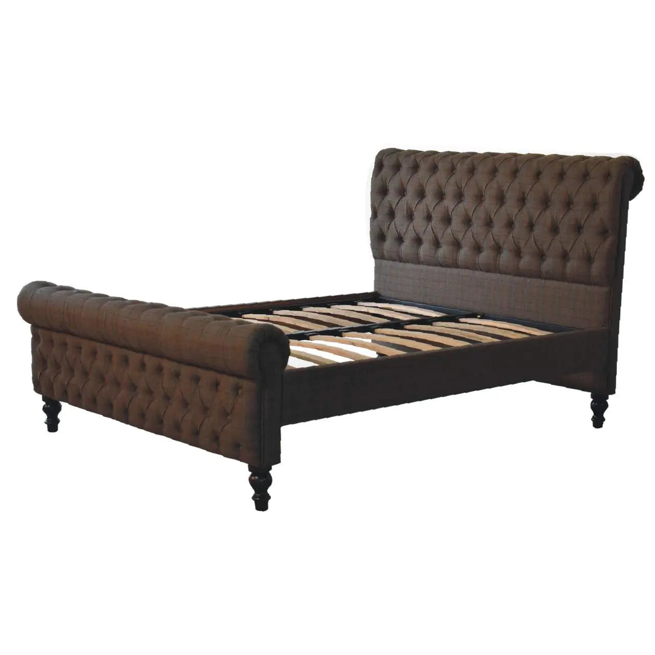 luxury tweed upholstered bed frame with solid wood legs