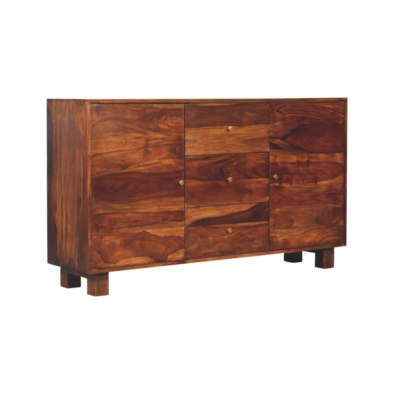 solid sheesham wood sideboard with chestnut finish and brass knobs