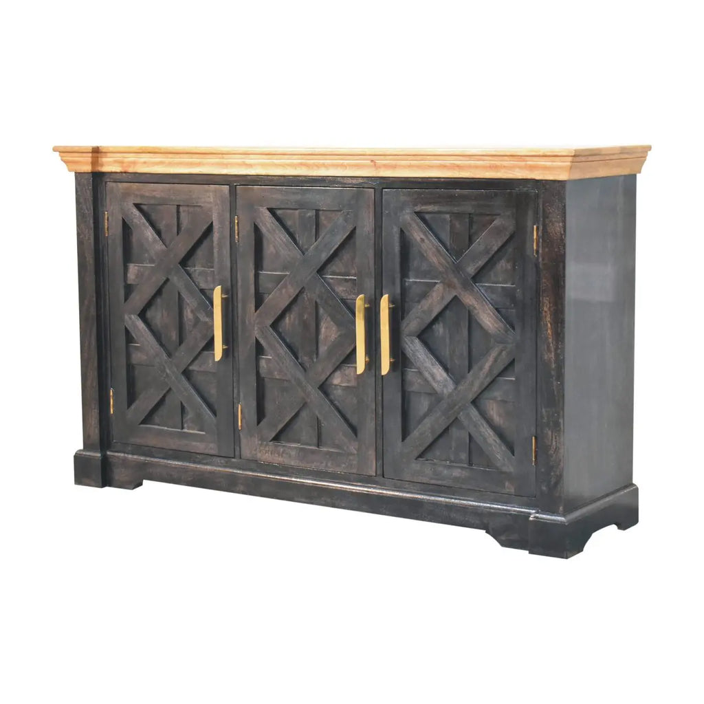 black mango wood sideboard with oak top and brass handles