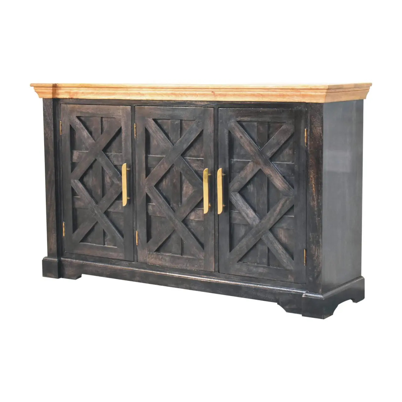 black mango wood sideboard with oak top and brass handles