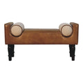 Chester buffalo leather bench with solid mango wood legs and boucle cushions