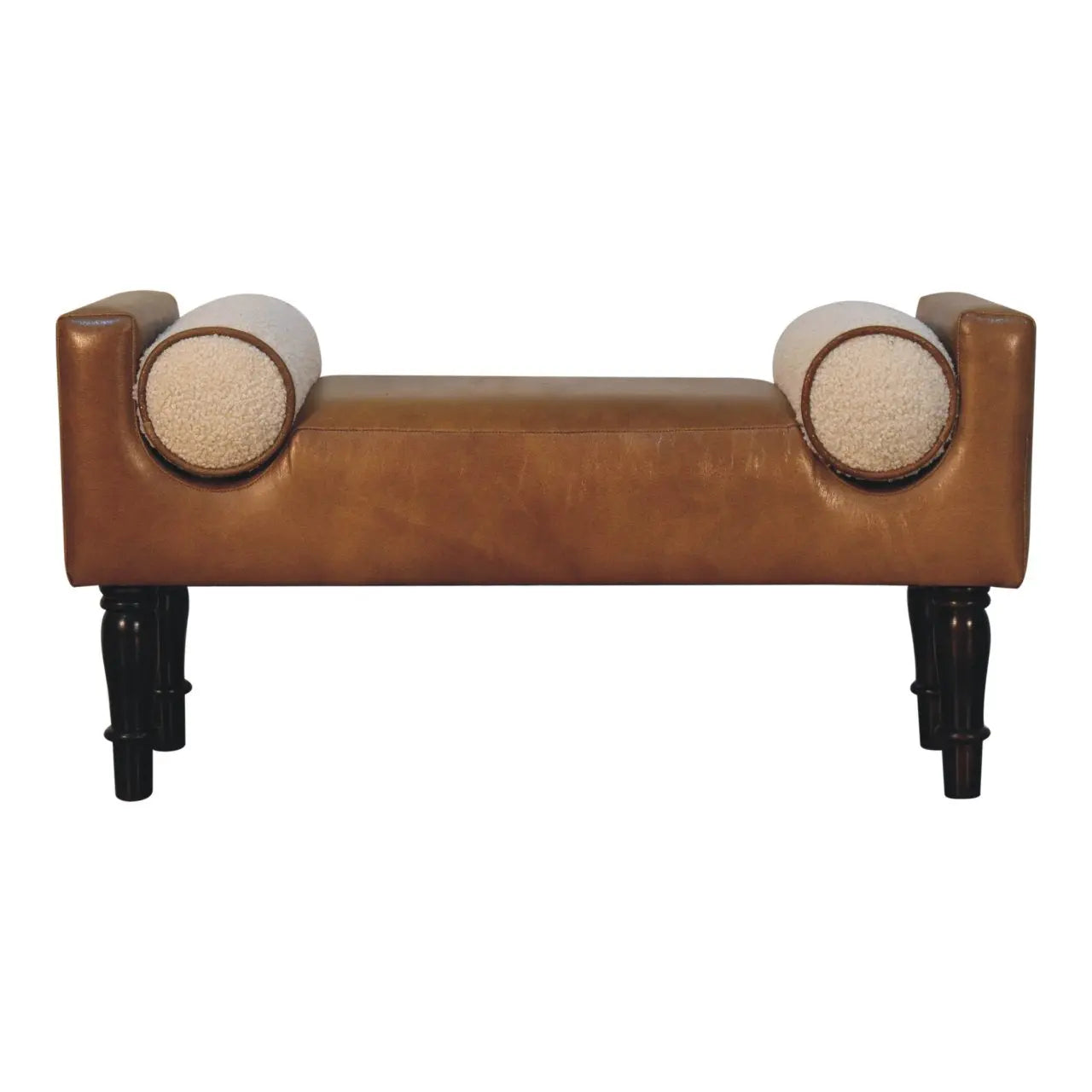 Chester buffalo leather bench with solid mango wood legs and boucle cushions