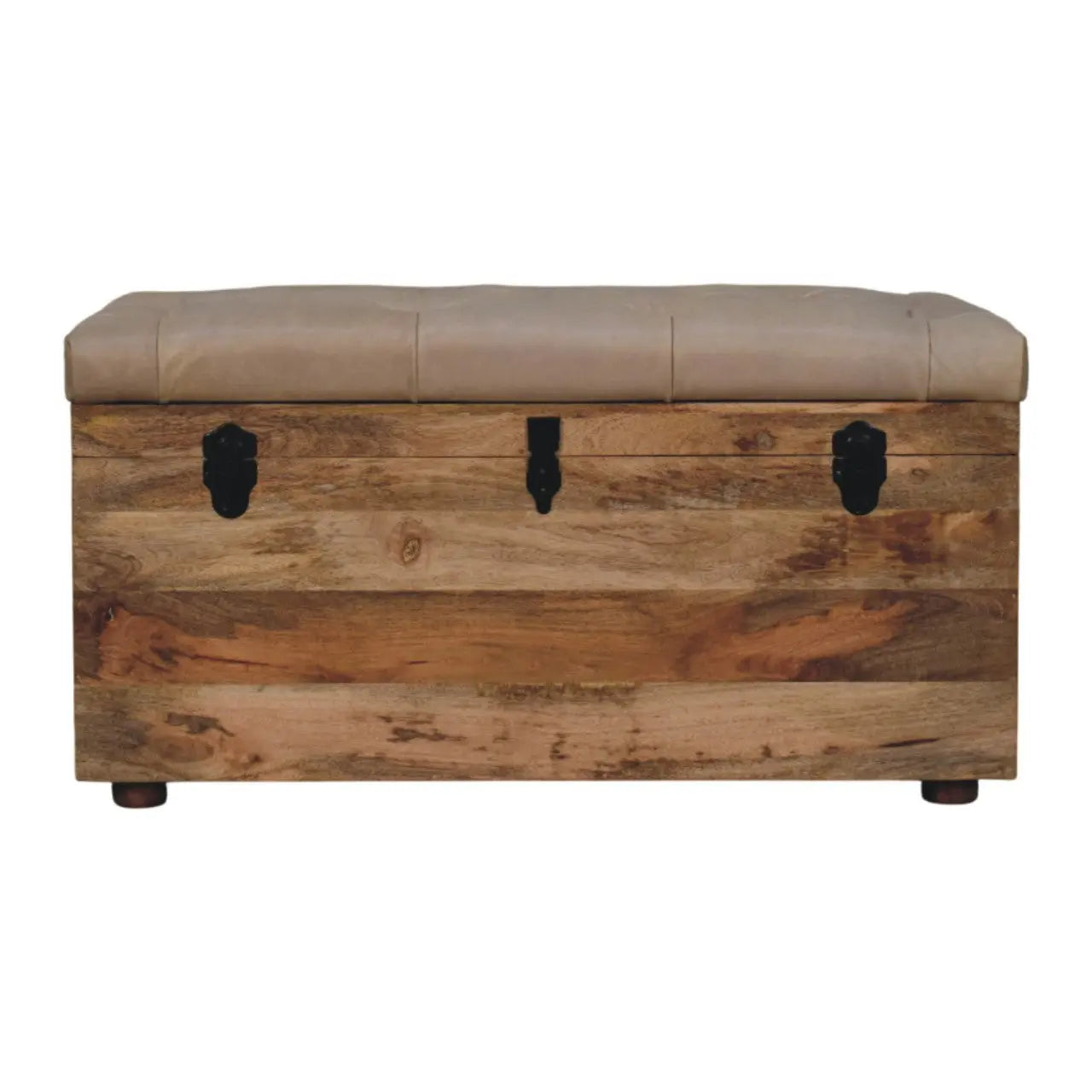 Beige Buffalo Hide Leather Storage Trunk | Oak-ish Finish - Avivra