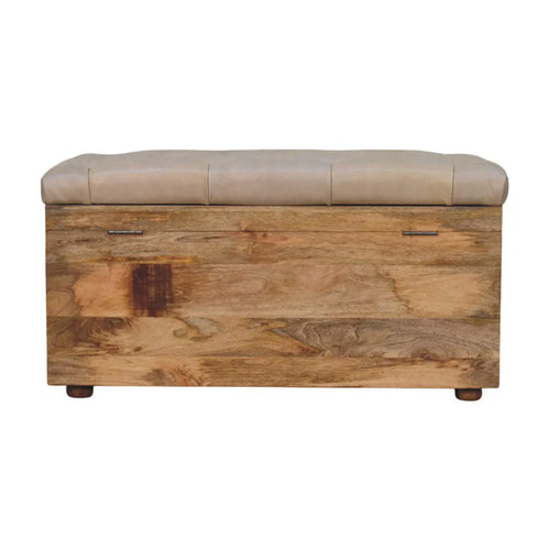 Beige Buffalo Hide Leather Storage Trunk | Oak-ish Finish - Avivra