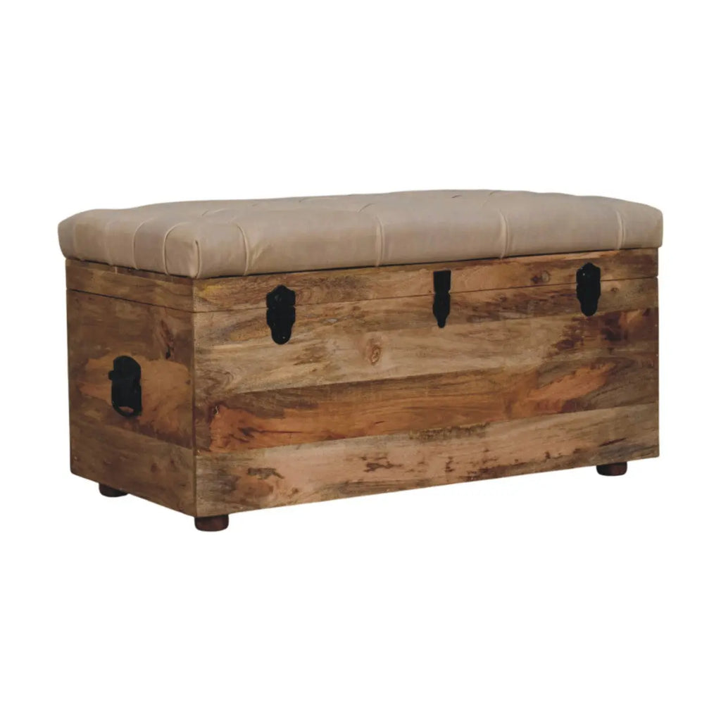 Beige Buffalo Hide Leather Storage Trunk | Oak-ish Finish - Avivra