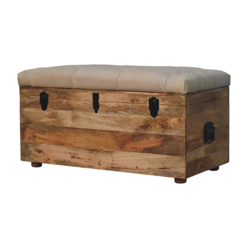 Beige Buffalo Hide Leather Storage Trunk | Oak-ish Finish - Avivra
