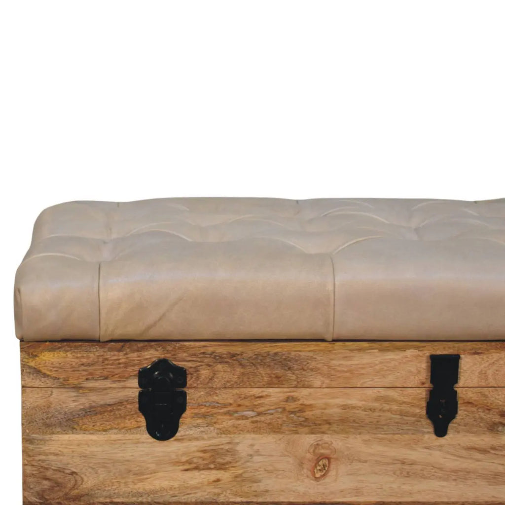 Beige Buffalo Hide Leather Storage Trunk | Oak-ish Finish - Avivra