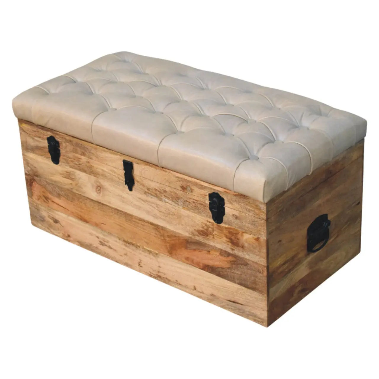 Beige Buffalo Hide Leather Storage Trunk | Oak-ish Finish - Avivra