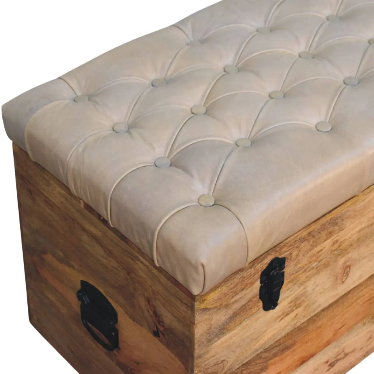 Beige Buffalo Hide Leather Storage Trunk | Oak-ish Finish - Avivra