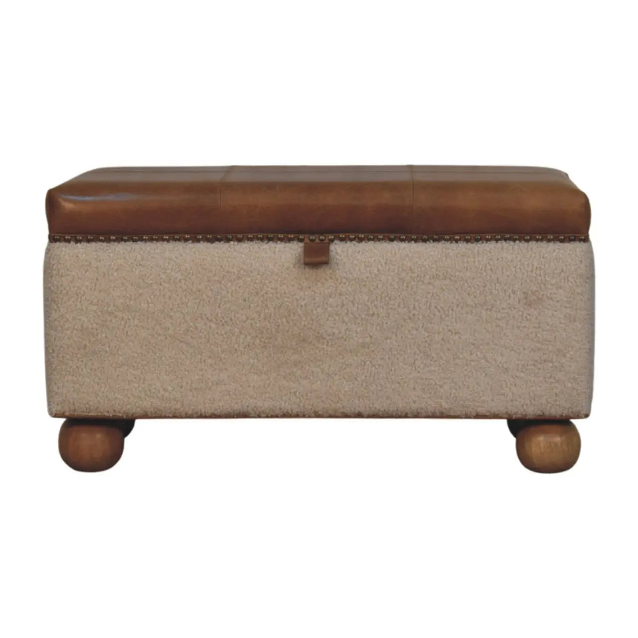 leather and boucle storage trunk with solid wood legs