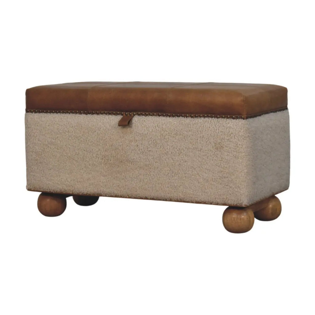 Boucle Lid- up Storage Ottoman | Buffalo Hide Leather - Avivra