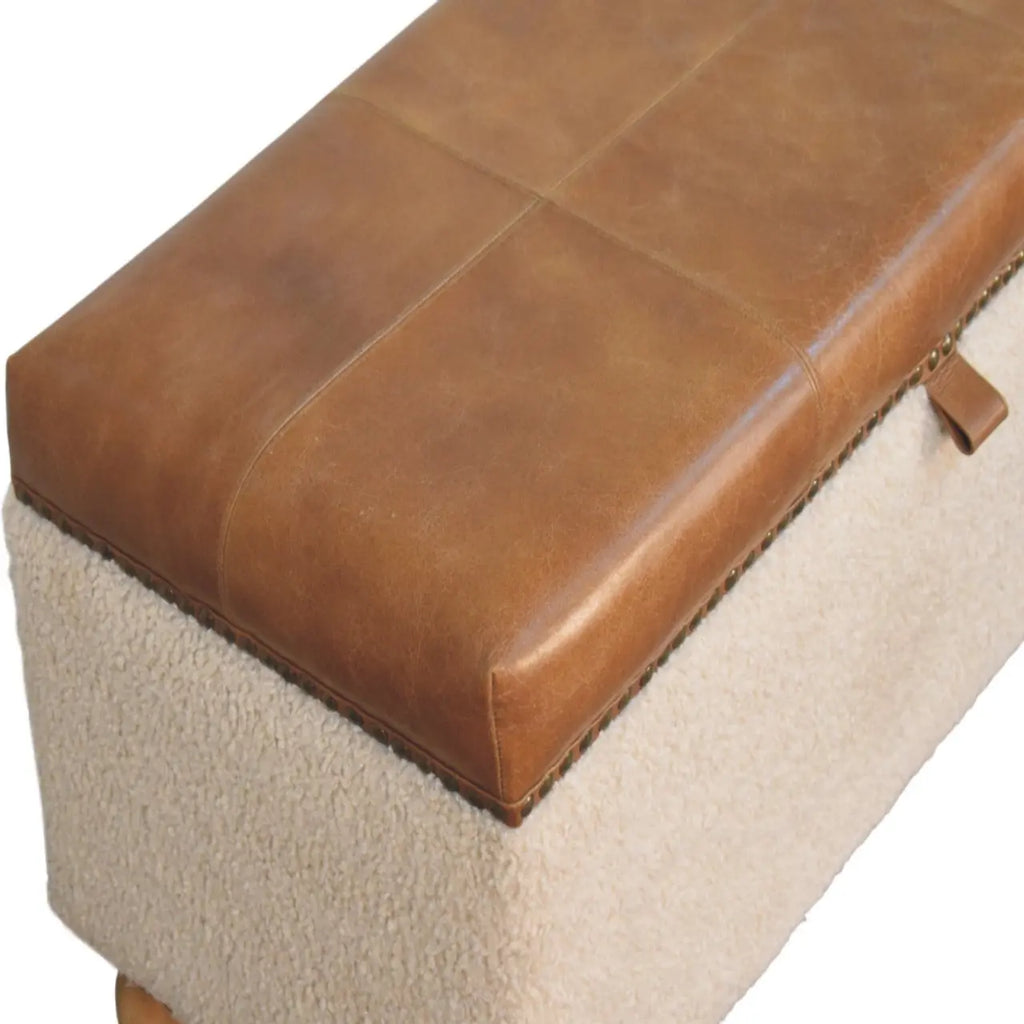 Boucle Lid- up Storage Ottoman | Buffalo Hide Leather - Avivra