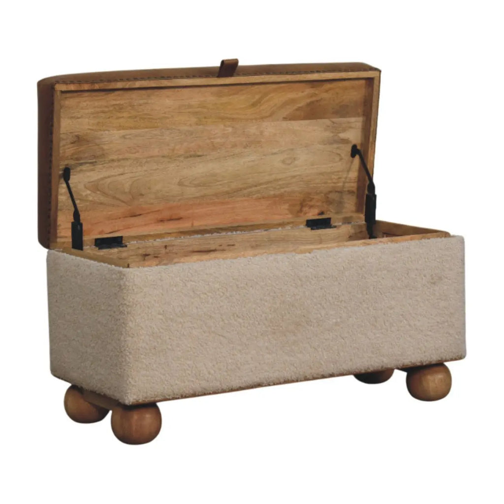 buffalo leather storage trunk with boucle upholstery