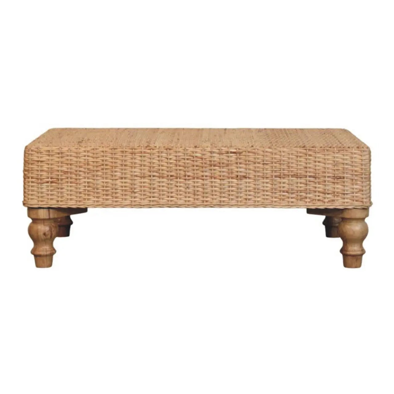 Regency woven coffee table with handcrafted woven surface and wooden legs