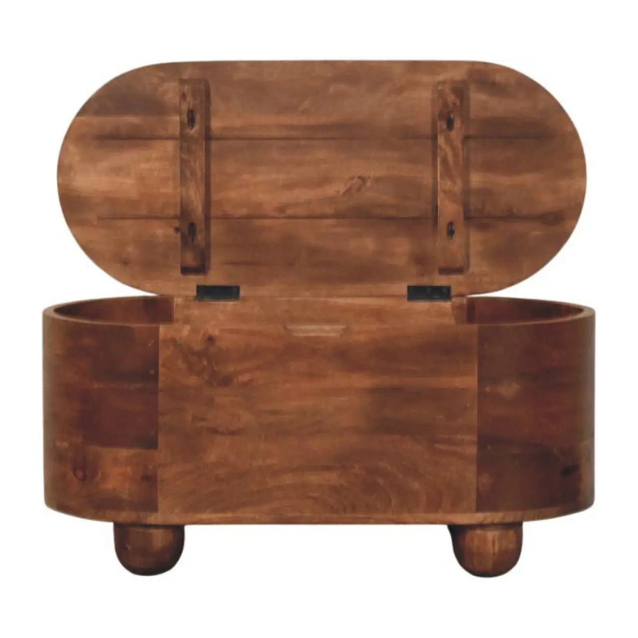 Wooden storage bench with a hinged lid on a white background