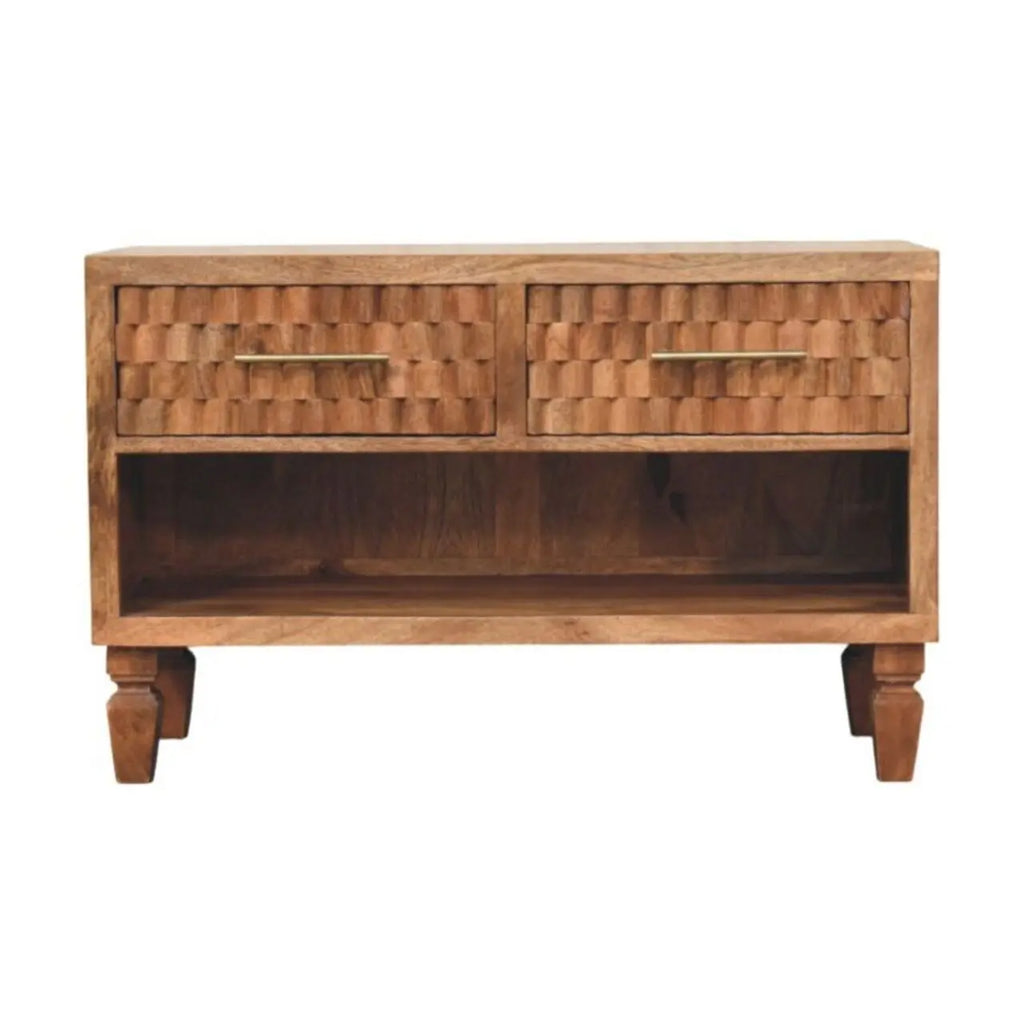 Cadiz solid mango wood carved entryway shoe cabinet golden teak finish