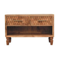 Cadiz solid mango wood carved entryway shoe cabinet golden teak finish