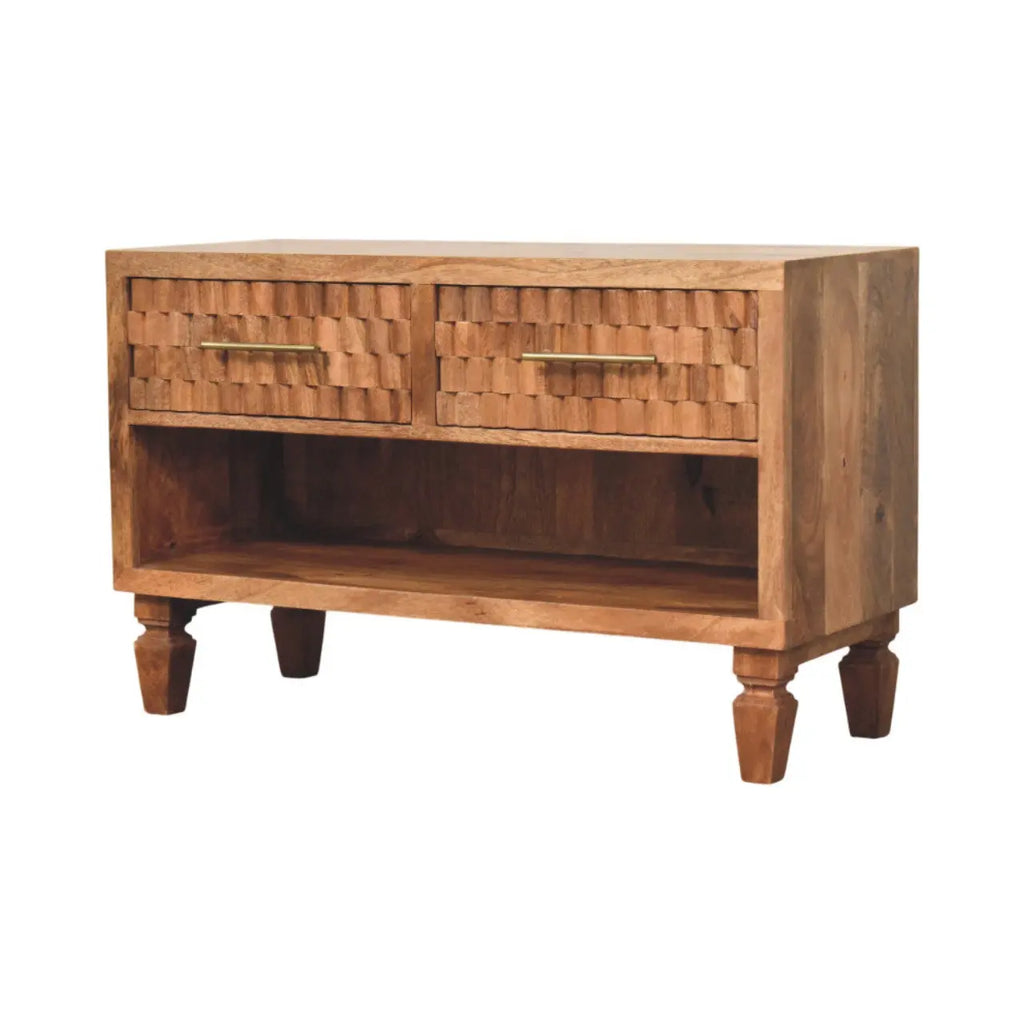 Cadiz solid mango wood carved entryway shoe cabinet golden teak finish