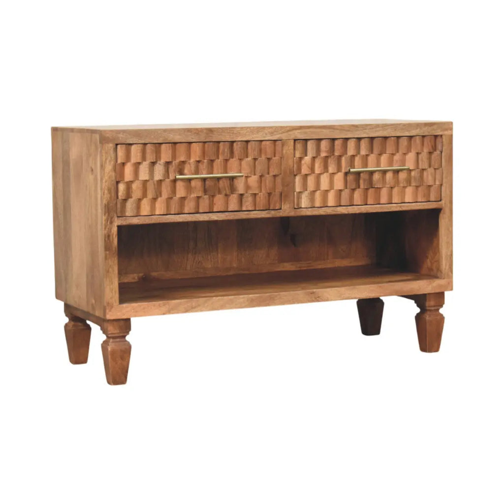 Cadiz solid mango wood carved entryway shoe cabinet golden teak finish