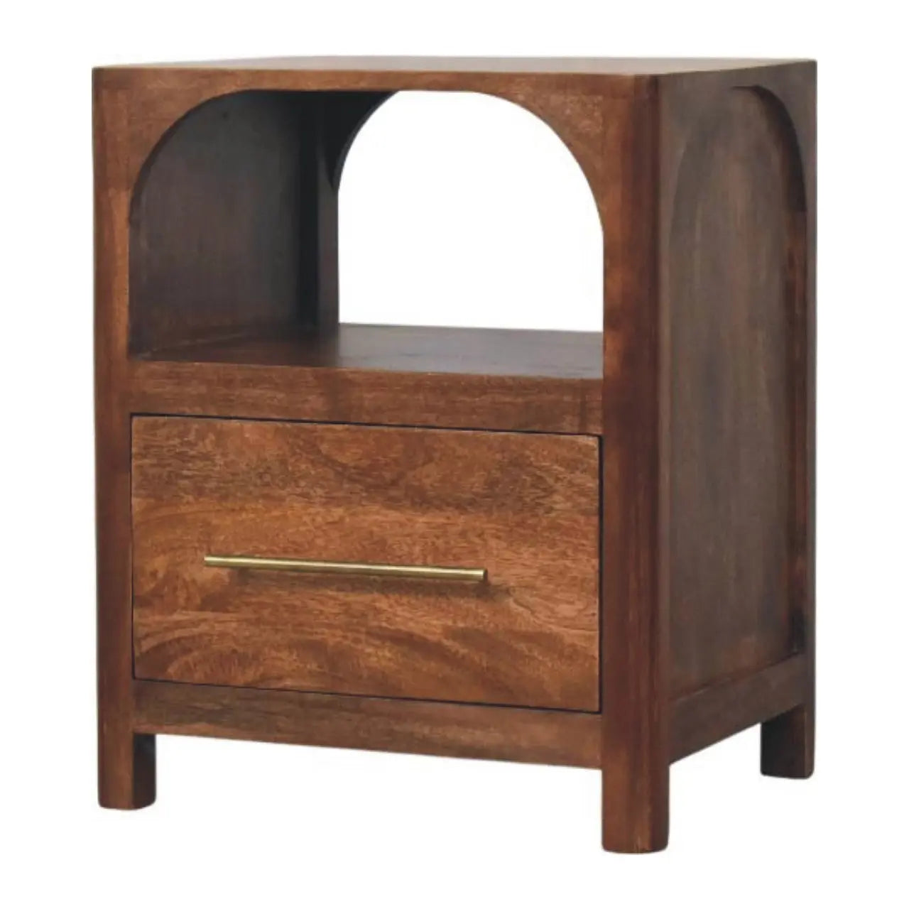 modern mango wood bedside table with drawer and open shelf