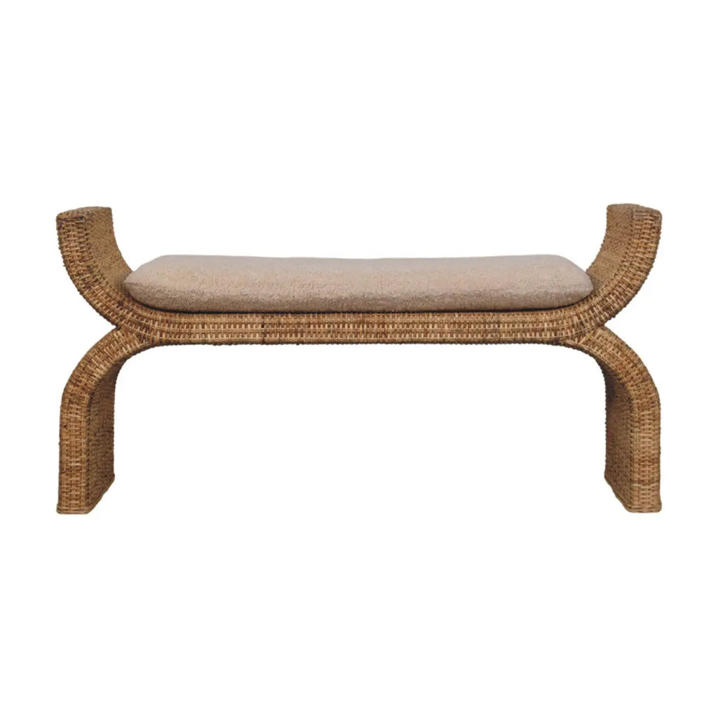 Rattan Weave Bouclé Bench – Solid Mango Wood, Oak Finish Avivra