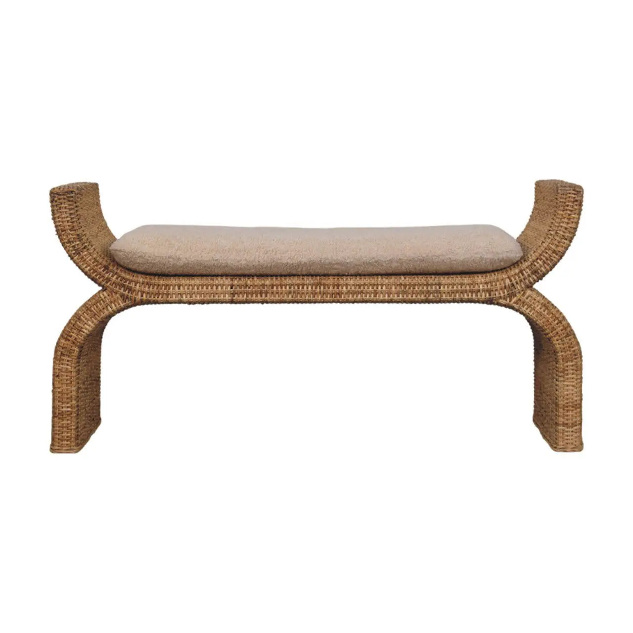 Rattan Weave Bouclé Bench – Solid Mango Wood, Oak Finish Avivra