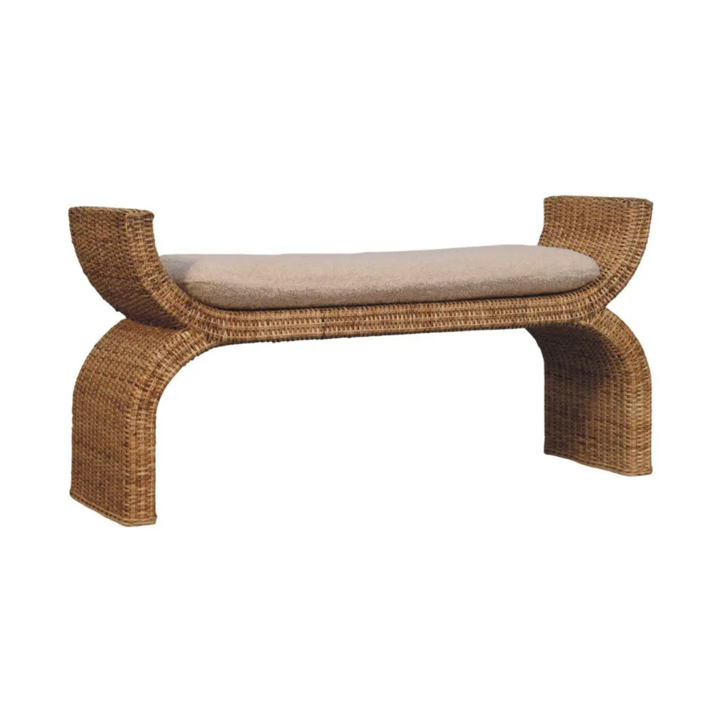 Rattan Weave Bouclé Bench – Solid Mango Wood, Oak Finish Avivra