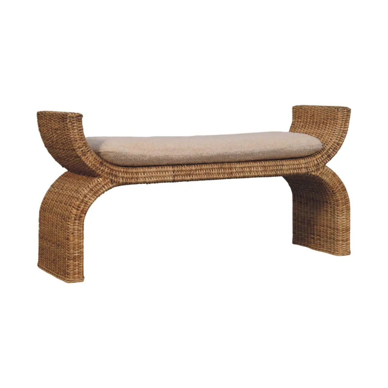 Rattan Weave Bouclé Bench – Solid Mango Wood, Oak Finish Avivra