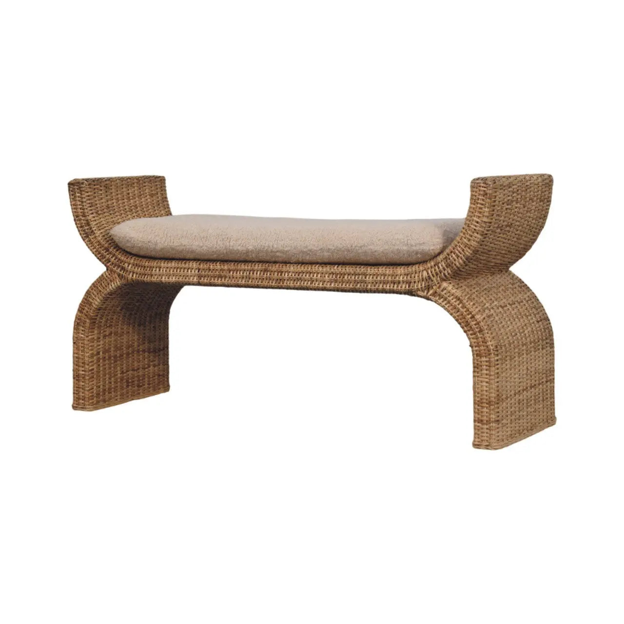 Rattan Weave Bouclé Bench – Solid Mango Wood, Oak Finish Avivra