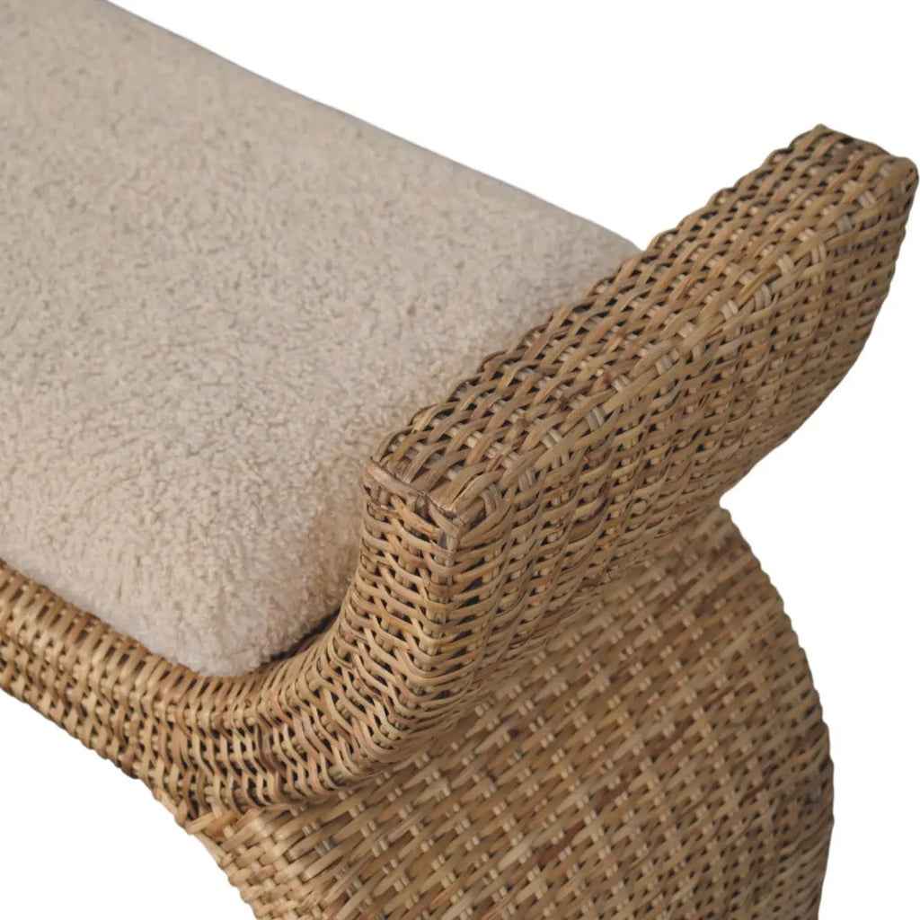 Rattan Weave Bouclé Bench – Solid Mango Wood, Oak Finish Avivra