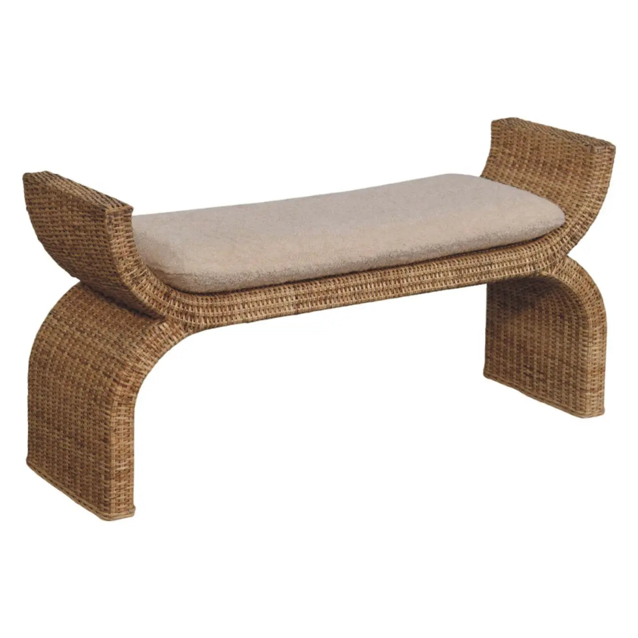 Rattan Weave Bouclé Bench – Solid Mango Wood, Oak Finish Avivra