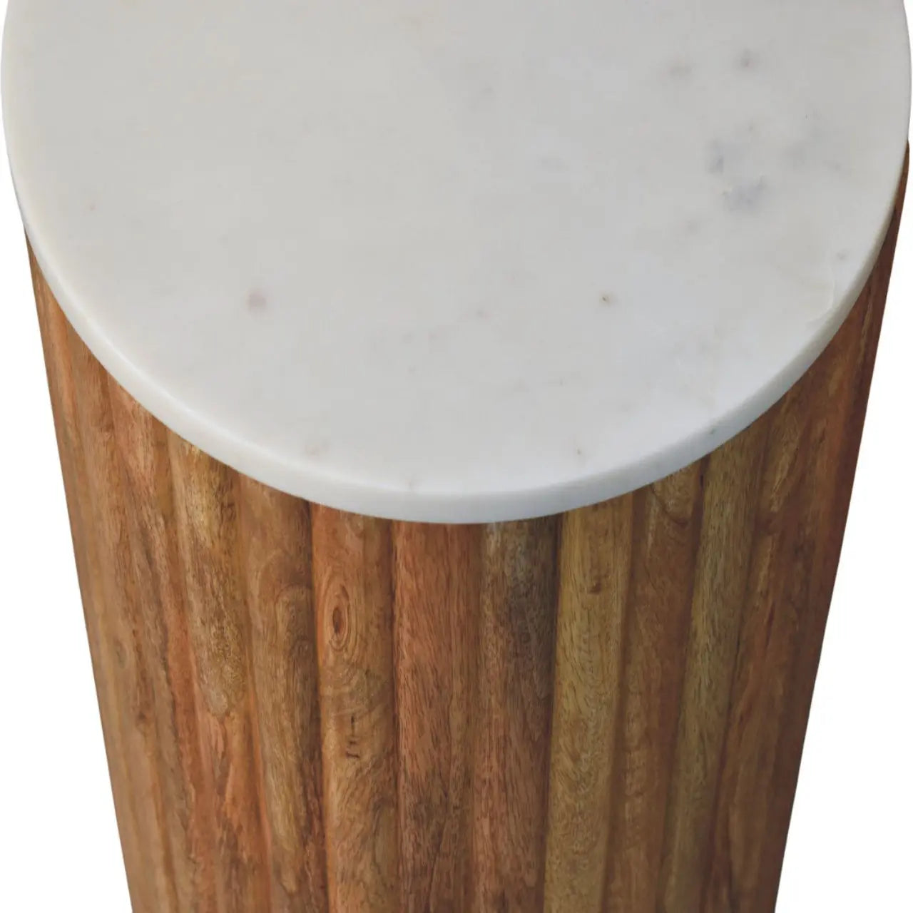 Round side table with marble top and wooden cylindrical base