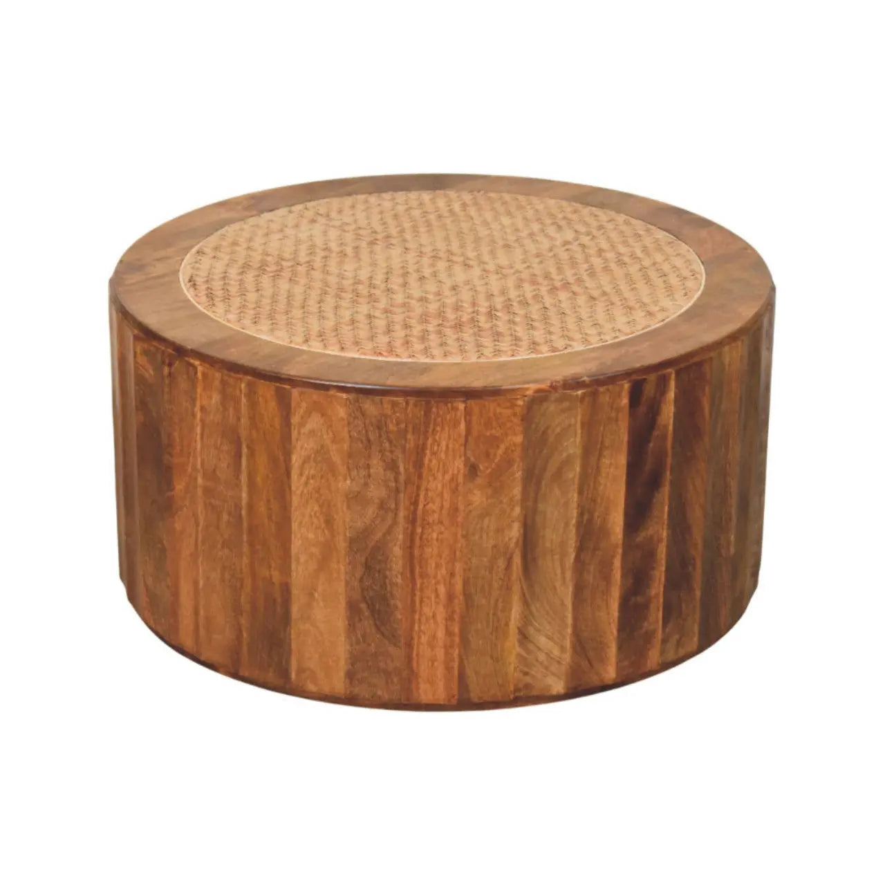 Wooden ottoman with woven top on a white background