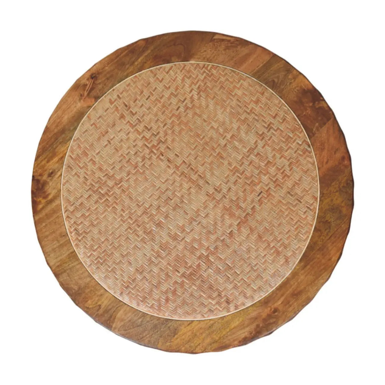 Round wooden placemat with woven center on a white background