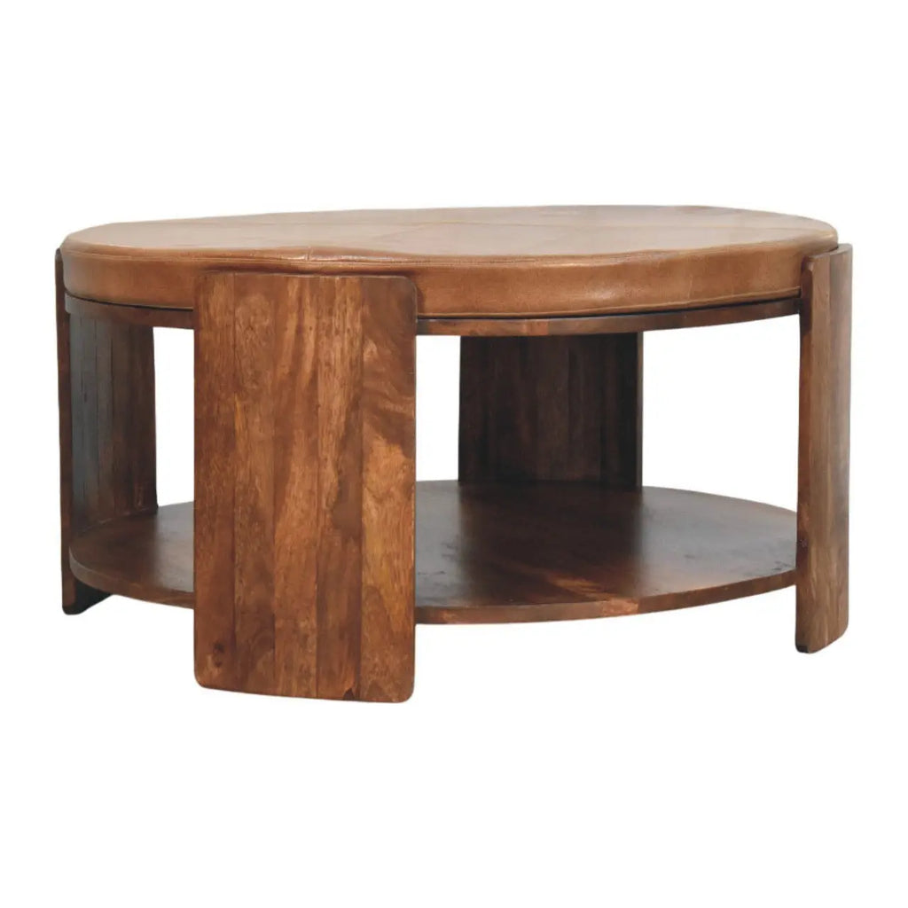 Wooden coffee table with a round top and shelf on a white background