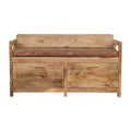 oakish storage bench with brown leather seat
