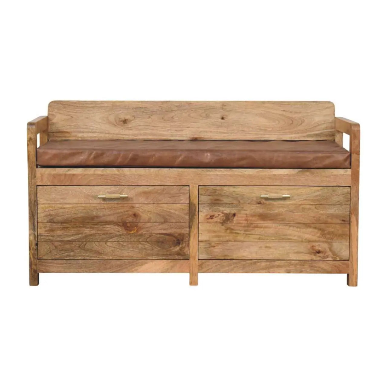 oakish storage bench with brown leather seat