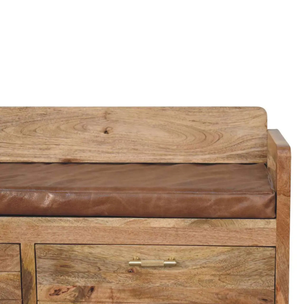Oakish Storage Bench with Brown Leather Seat - Avivra