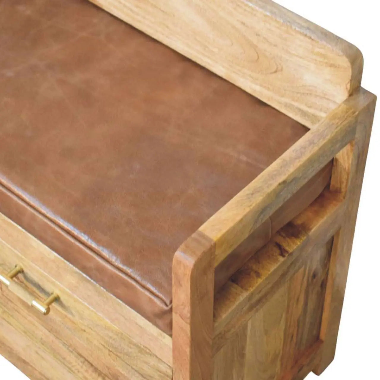 Oakish Storage Bench with Brown Leather Seat - Avivra