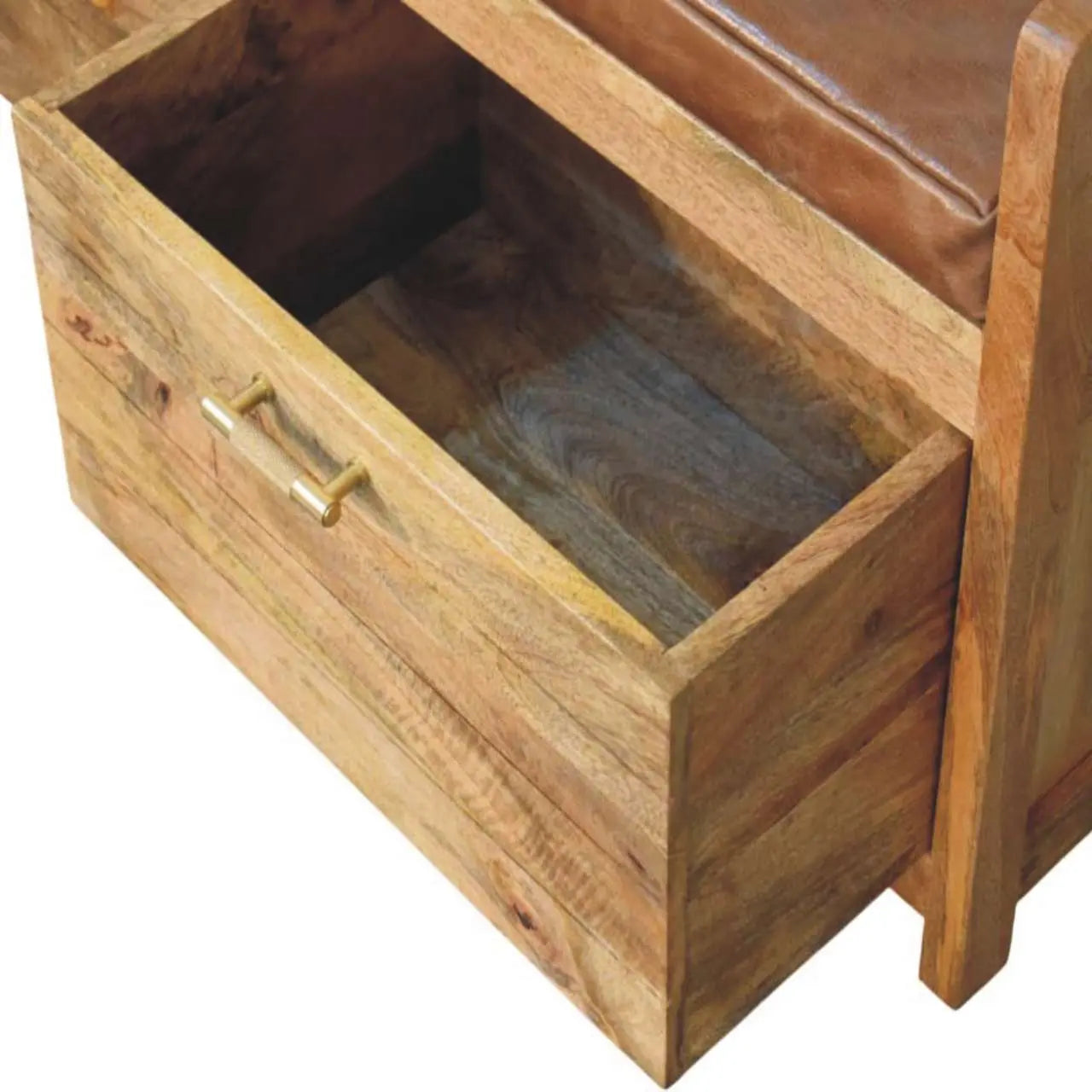 Oakish Storage Bench with Brown Leather Seat - Avivra