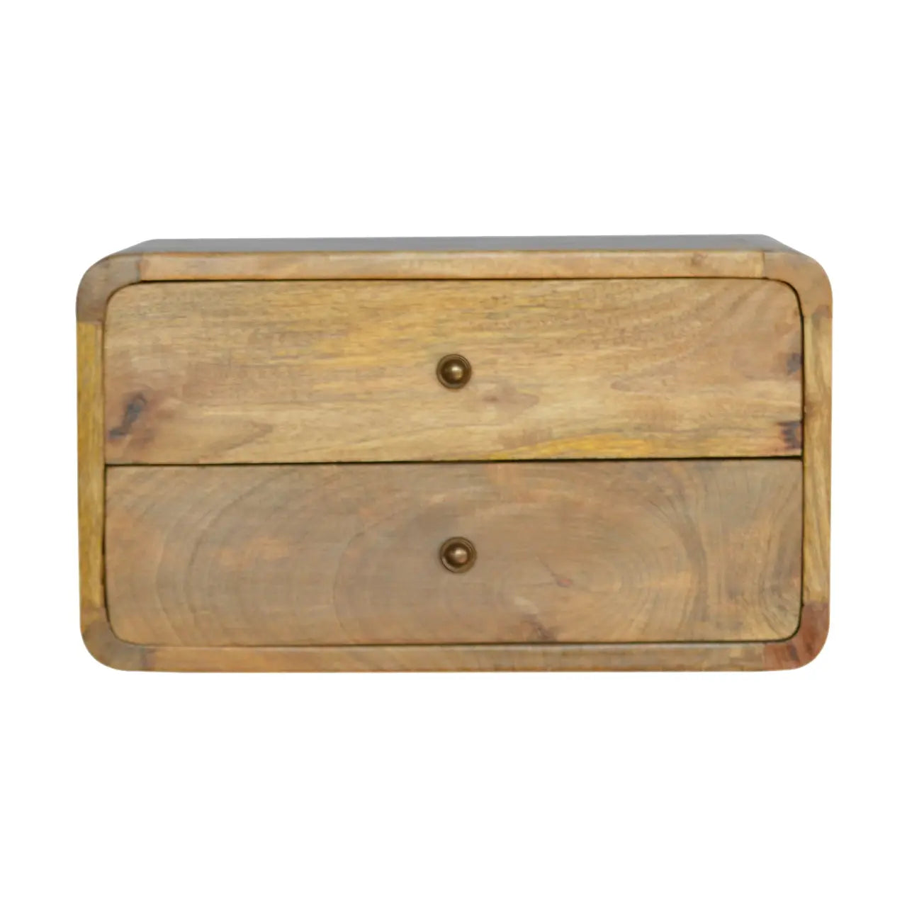 Curved wall mounted nightstand with two drawers crafted from solid mango wood