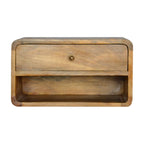 Curved wall mounted nightstand crafted from solid mango wood
