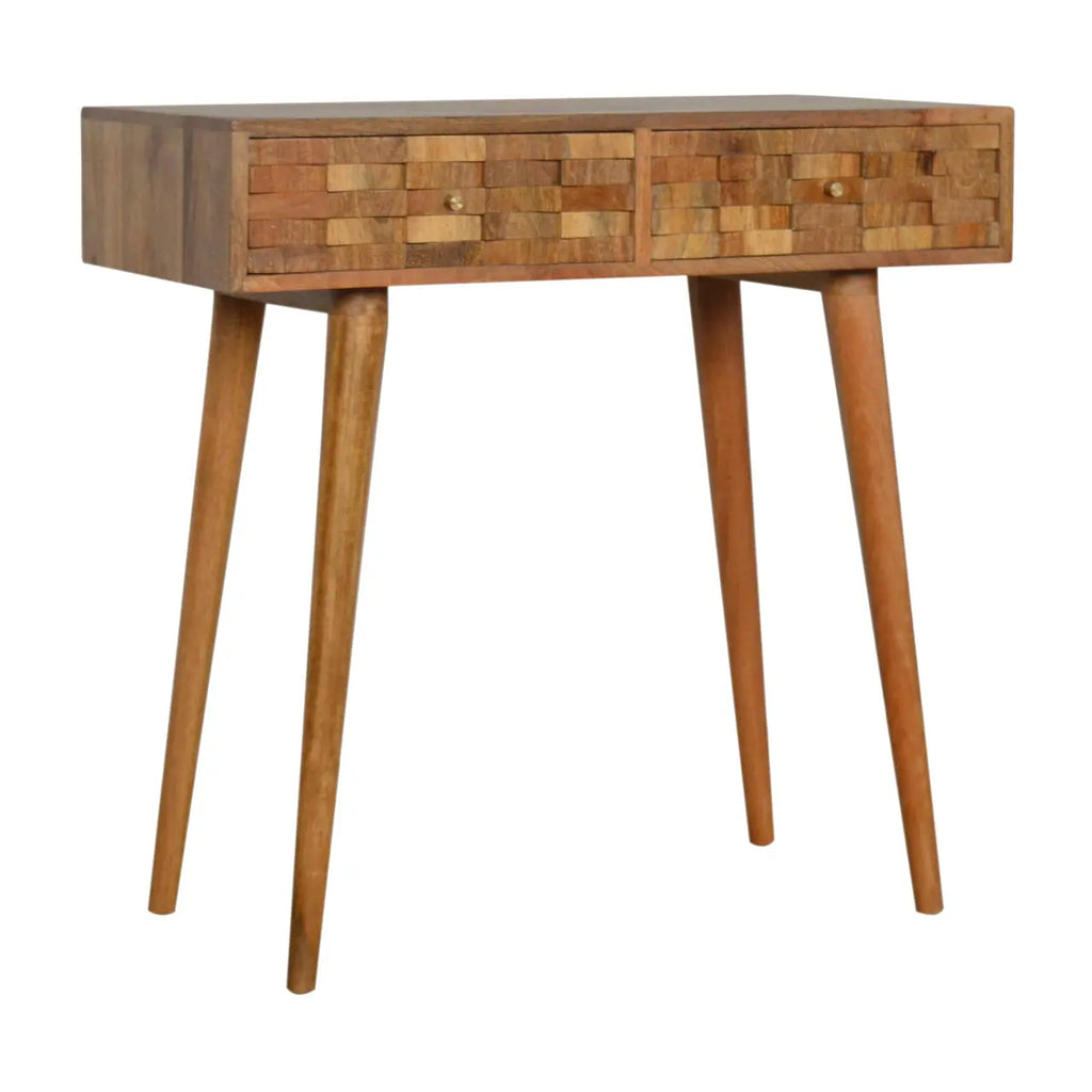 solid mango wood console table with carved tile drawer fronts