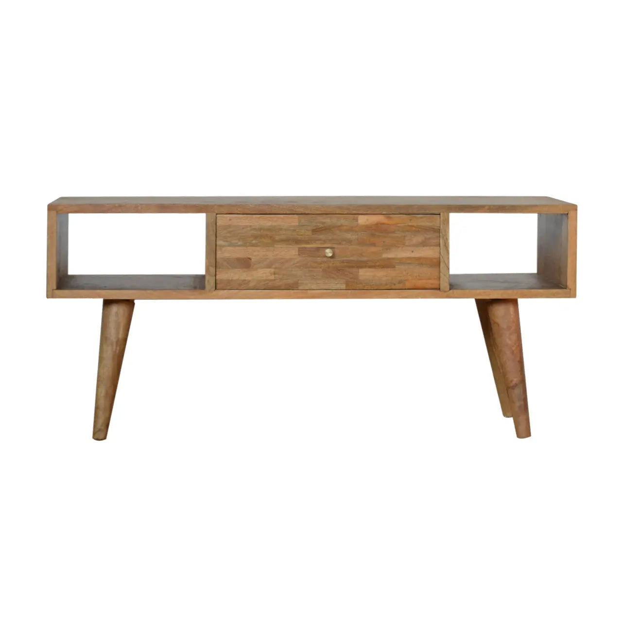 Solid mango wood coffee table with mixed wood drawer front and oak finish